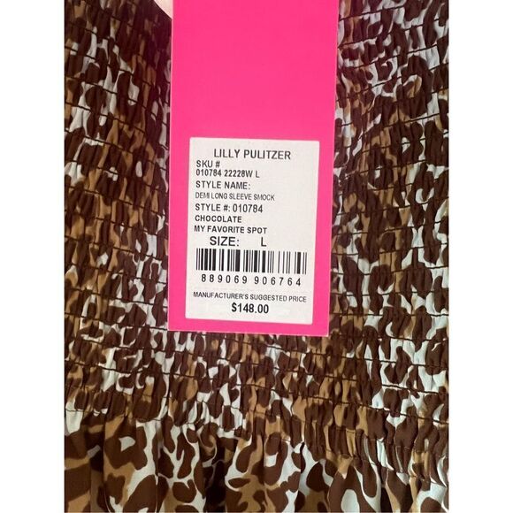 New Lilly Pulitzer Demi Long Sleeve Smocked topChocolate My Favorite Spot size L - Picture 6 of 9